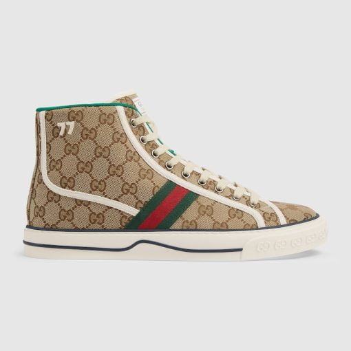 Men's Gucci Tennis 1977 Sneaker High Top Beige And Ebony Original GG Supreme Canvas - 625807 HVK70 9765