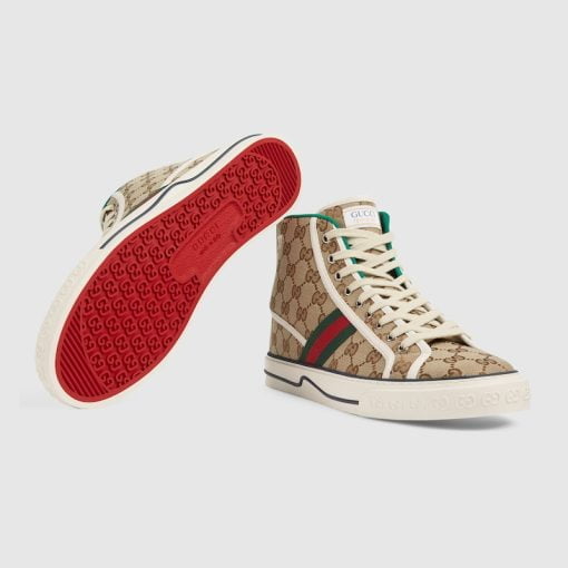Men's Gucci Tennis 1977 Sneaker High Top Beige And Ebony Original GG Supreme Canvas - 625807 HVK70 9765