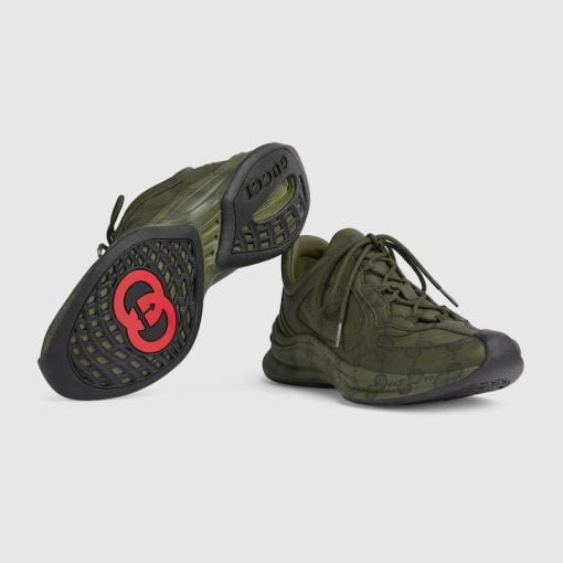 Men's Gucci Run Sneaker Green Leather With GG Water Transfer Print - 721116 AABEB 3302