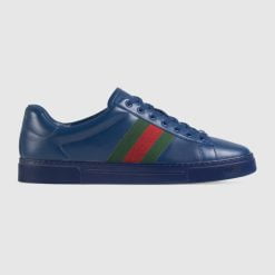 Men's Gucci ACE Sneaker With Web Blue Leather - 757892 AAC24 4255