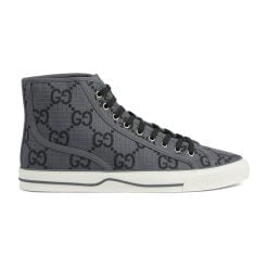 Men's Gucci Tennis 1977 Sneaker High Top Dark Grey And Black GG Ripstop Recycled Polyester - 771463 FACTD 1144
