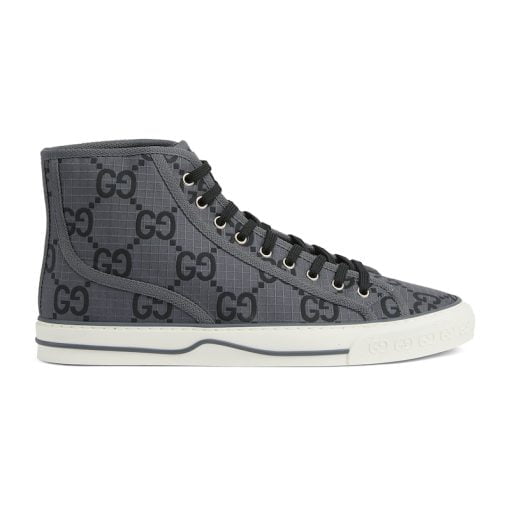 Men's Gucci Tennis 1977 Sneaker High Top Dark Grey And Black GG Ripstop Recycled Polyester - 771463 FACTD 1144